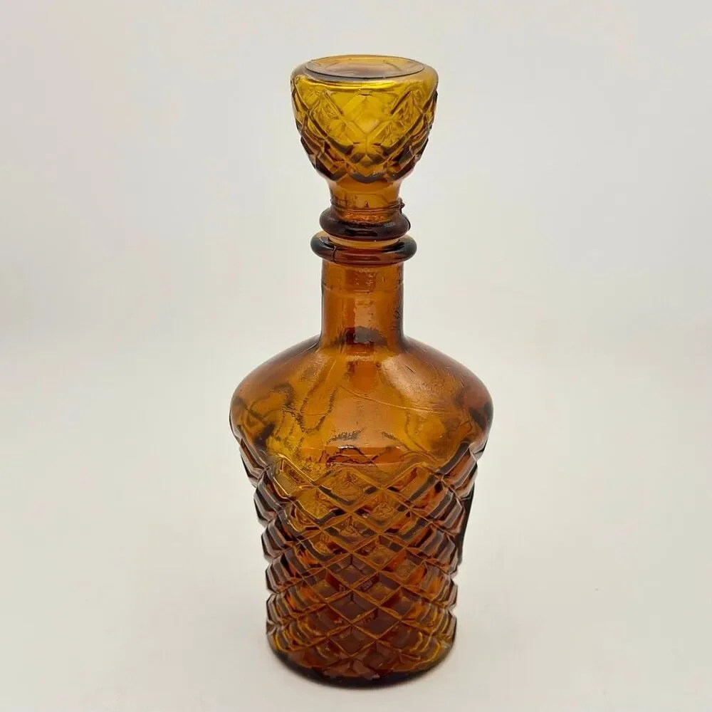 Vintage Mid-Century Amber Pressed Glass Decanter with Stopper – Made in Taiwan